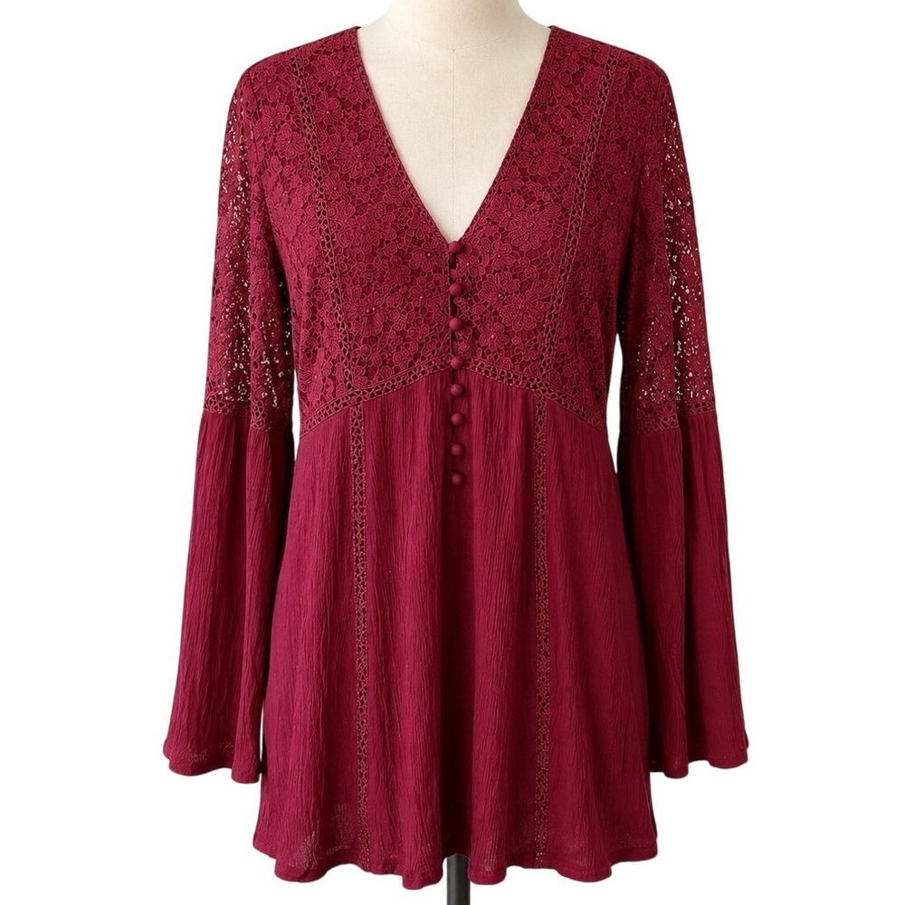 Altar'd State Dress Large Burgundy Lace Bell Sleeve V-Neck Mini Boho Romantic